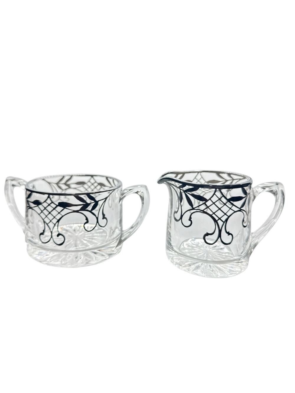 Vintage Heisy Sterling Silver Decorated Glass Creamer and Sugar Set